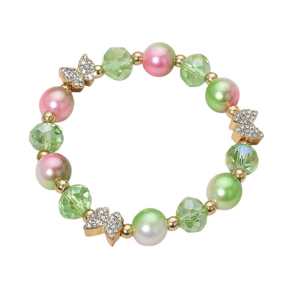 12PCS - Rhinestone Pave Butterfly Pearly Faceted Ball Beaded Stretch Bracelets