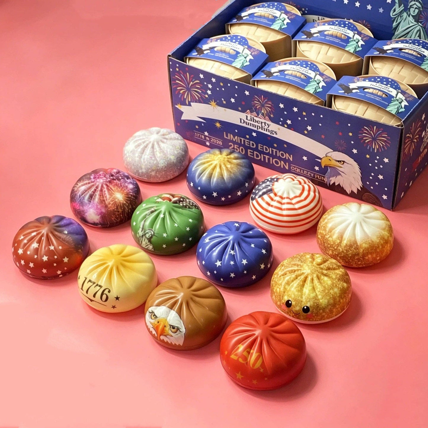 4th of July Mystery Squishy Dumpling Realistic Steamed Bun Stress Relief Squeeze Toy: PU Bun (Version A) – Grid Display Box / 1 box(12pcs)