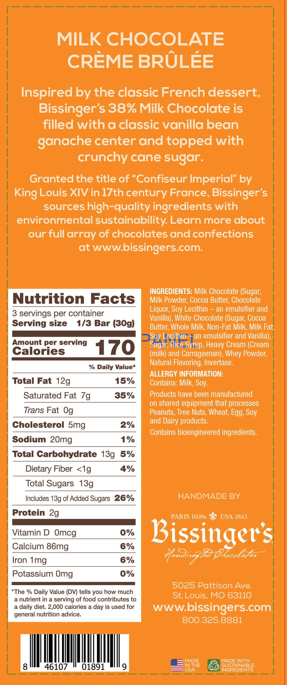 Bissinger's Milk Chocolate Creme Brulee Bar 3 OZ