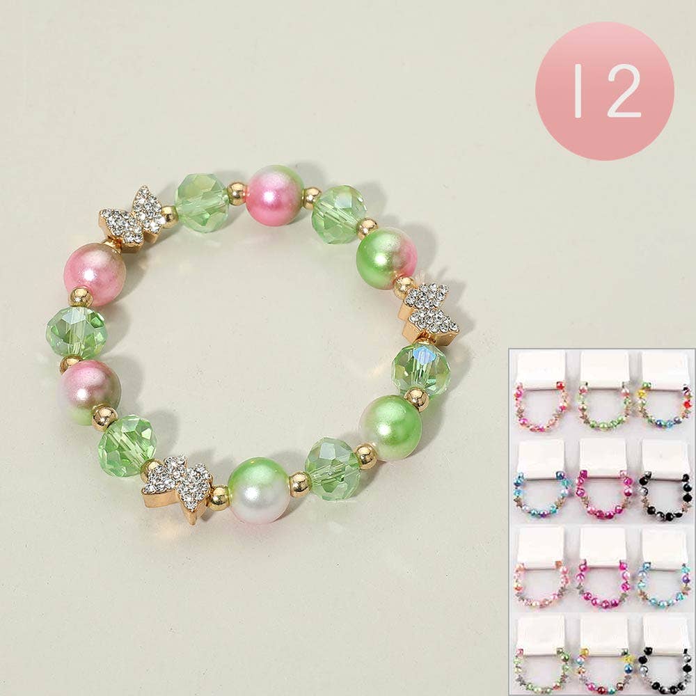 12PCS - Rhinestone Pave Butterfly Pearly Faceted Ball Beaded Stretch Bracelets