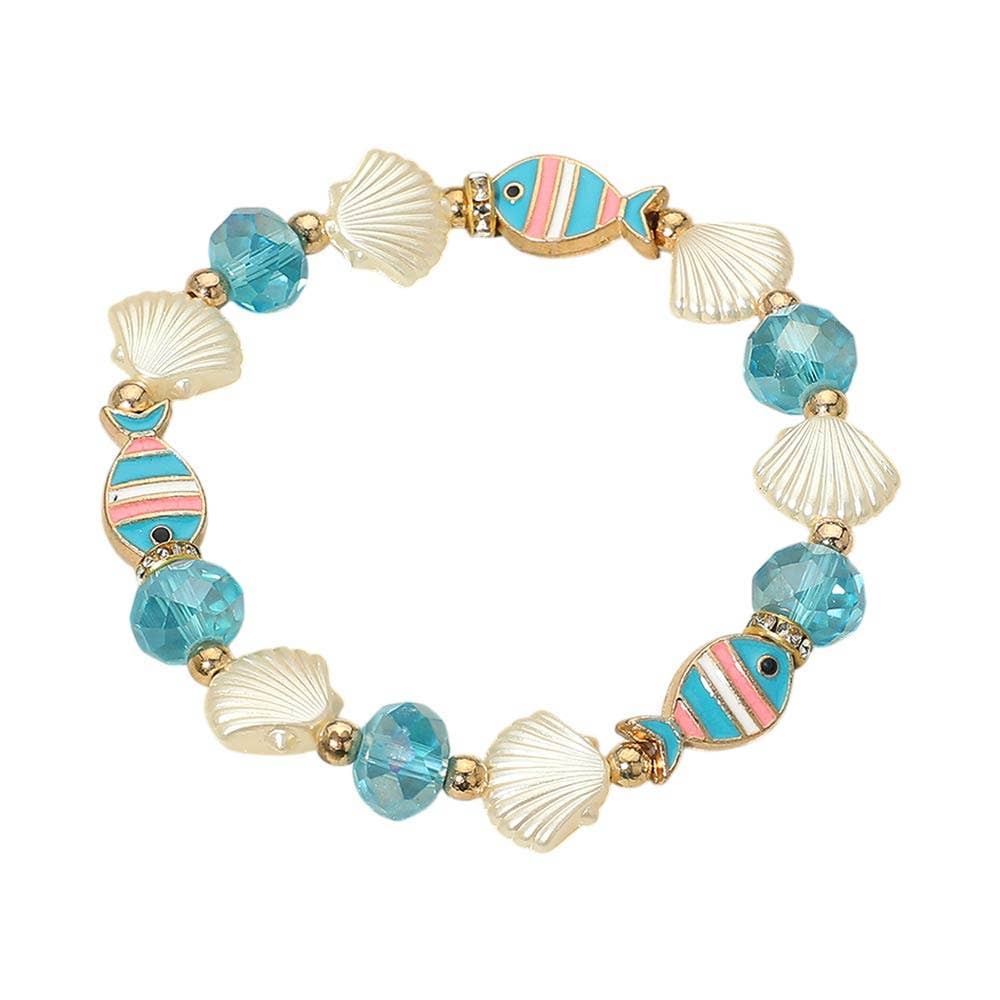 12PCS - Fish Seashell Charm Faceted Beaded Stretch Bracelets