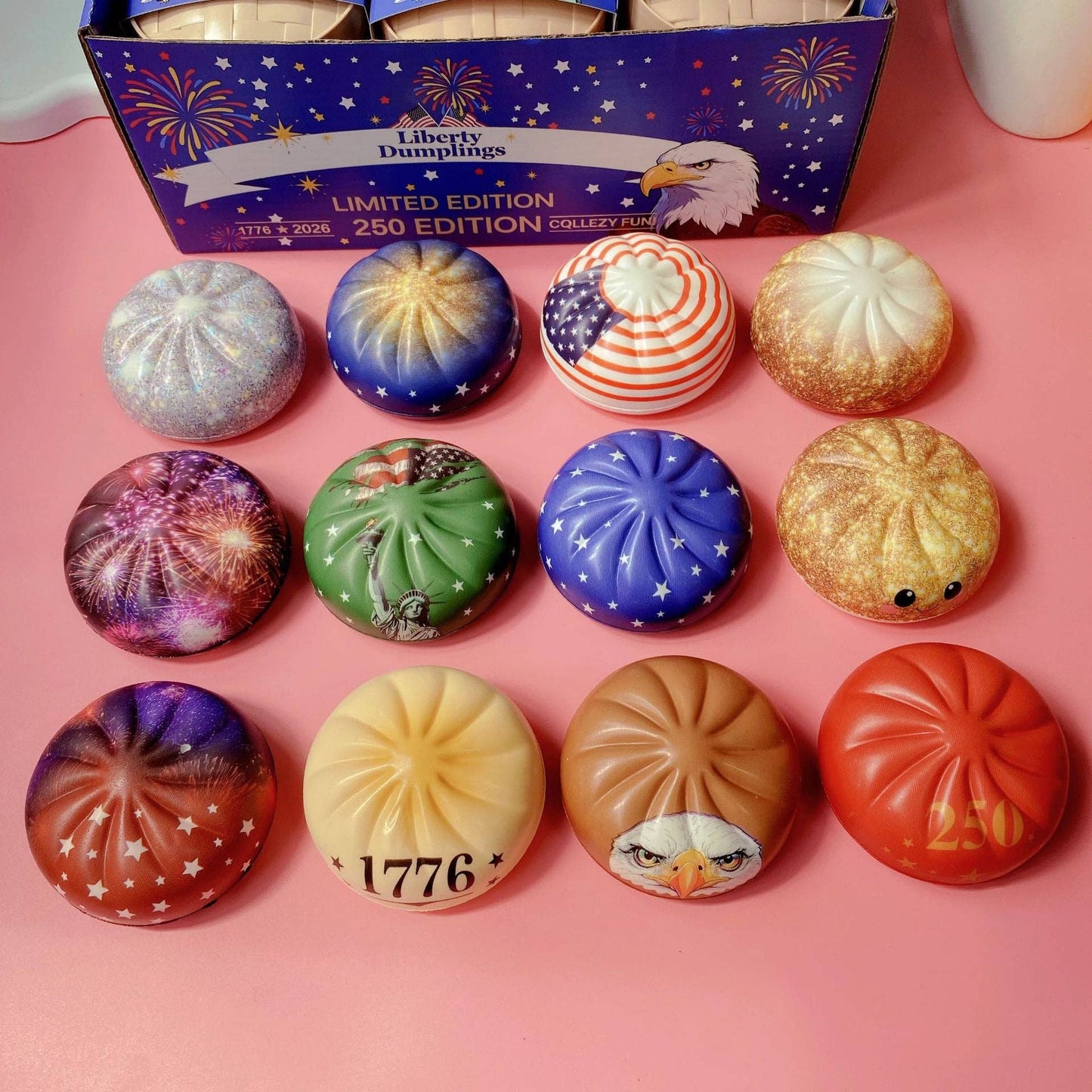 4th of July Mystery Squishy Dumpling Realistic Steamed Bun Stress Relief Squeeze Toy: PU Bun (Version A) – Grid Display Box / 1 box(12pcs)