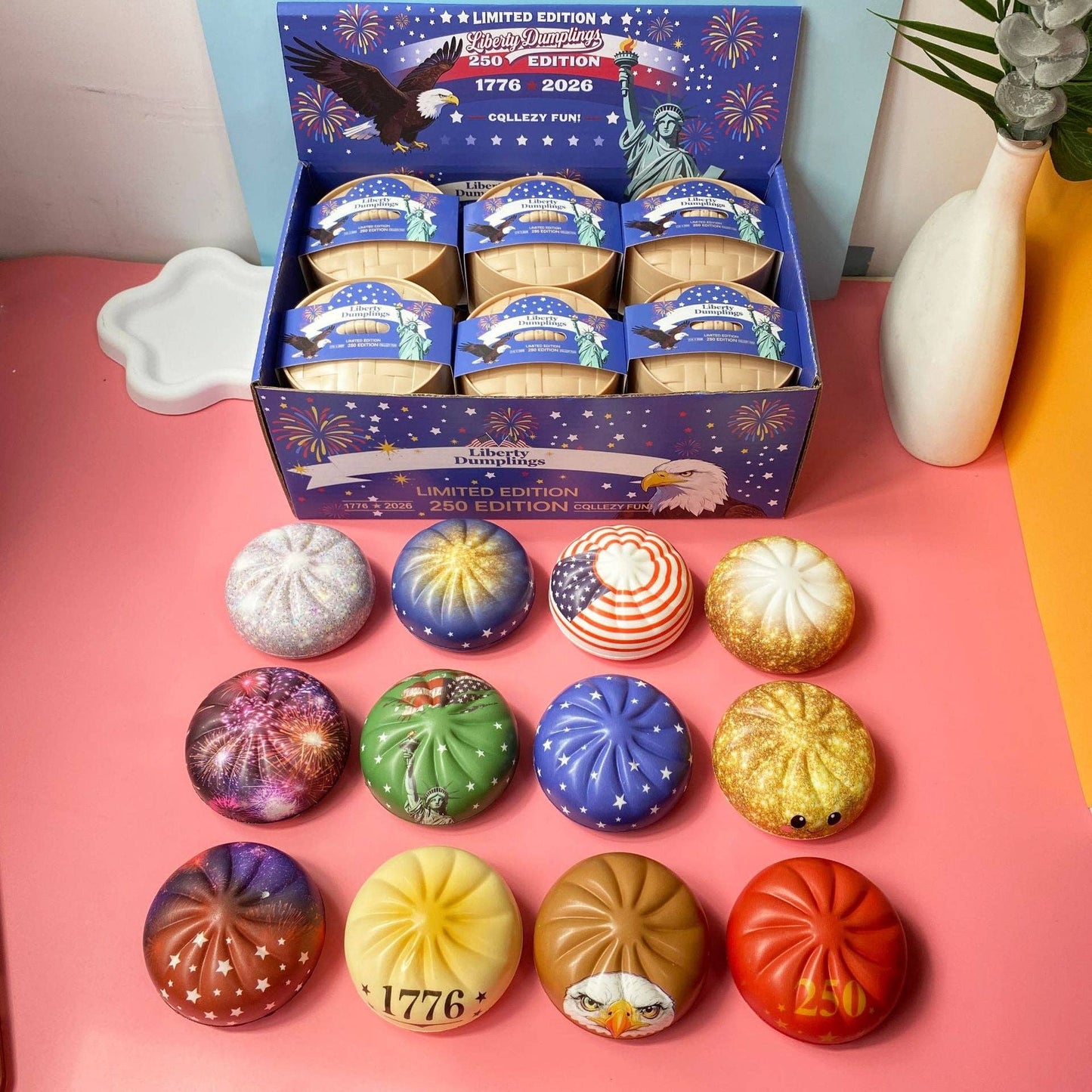4th of July Mystery Squishy Dumpling Realistic Steamed Bun Stress Relief Squeeze Toy: PU Bun (Version A) – Grid Display Box / 1 box(12pcs)