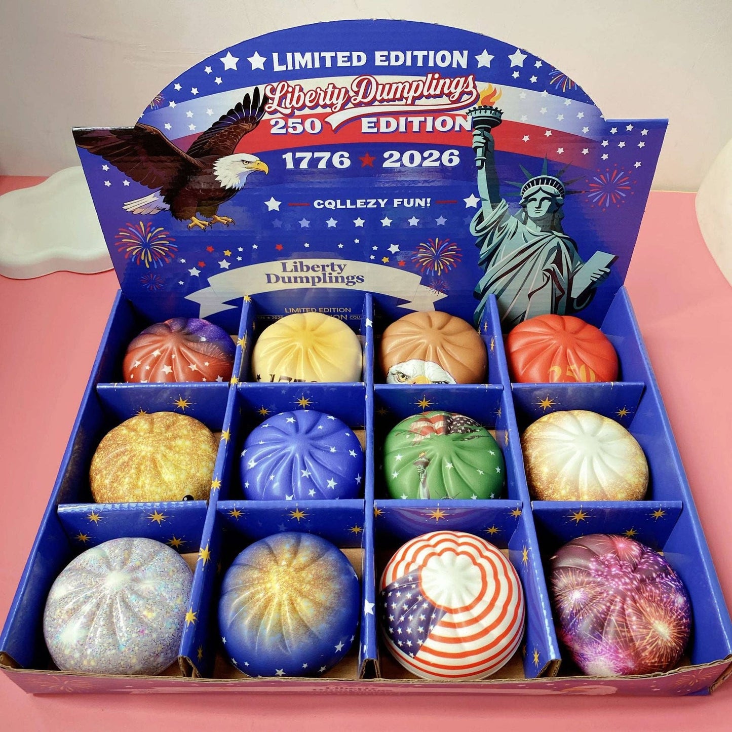 4th of July Mystery Squishy Dumpling Realistic Steamed Bun Stress Relief Squeeze Toy: PU Bun (Version A) – Grid Display Box / 1 box(12pcs)