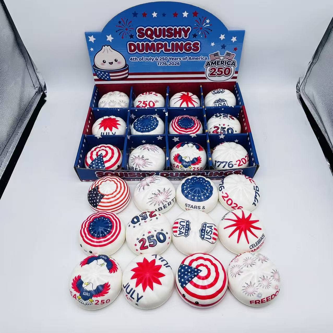 4th of July Mystery Squishy Dumpling Realistic Steamed Bun Stress Relief Squeeze Toy: PU Bun (Version A) – Grid Display Box / 1 box(12pcs)