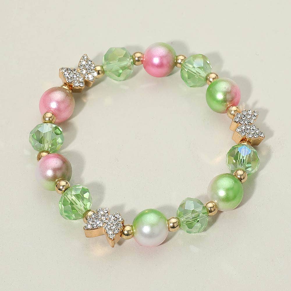 12PCS - Rhinestone Pave Butterfly Pearly Faceted Ball Beaded Stretch Bracelets