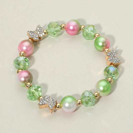 12PCS - Rhinestone Pave Butterfly Pearly Faceted Ball Beaded Stretch Bracelets