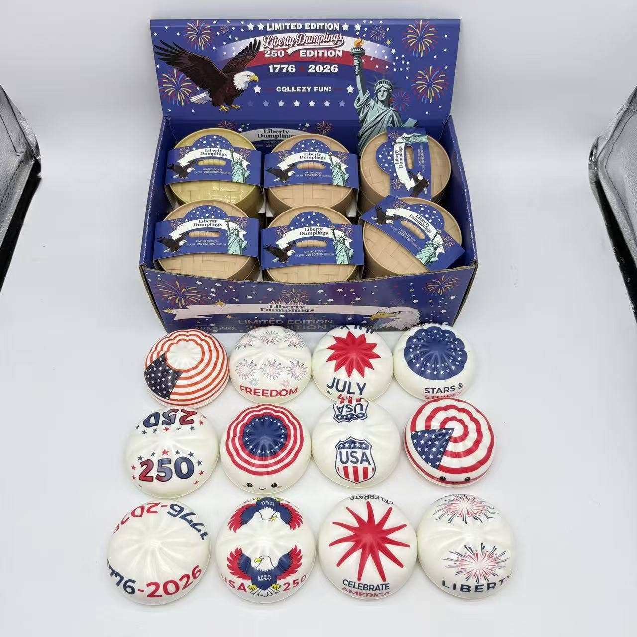 4th of July Mystery Squishy Dumpling Realistic Steamed Bun Stress Relief Squeeze Toy: PU Bun (Version A) – Grid Display Box / 1 box(12pcs)
