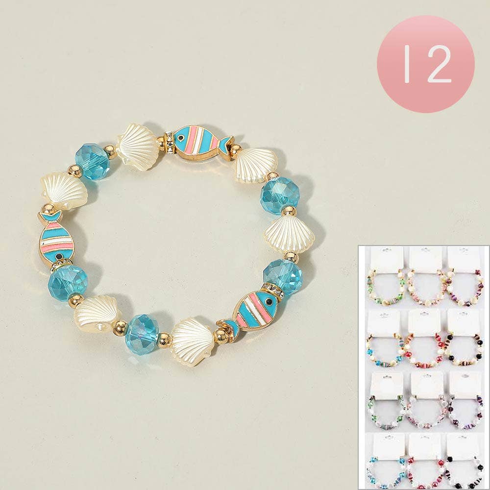 12PCS - Fish Seashell Charm Faceted Beaded Stretch Bracelets