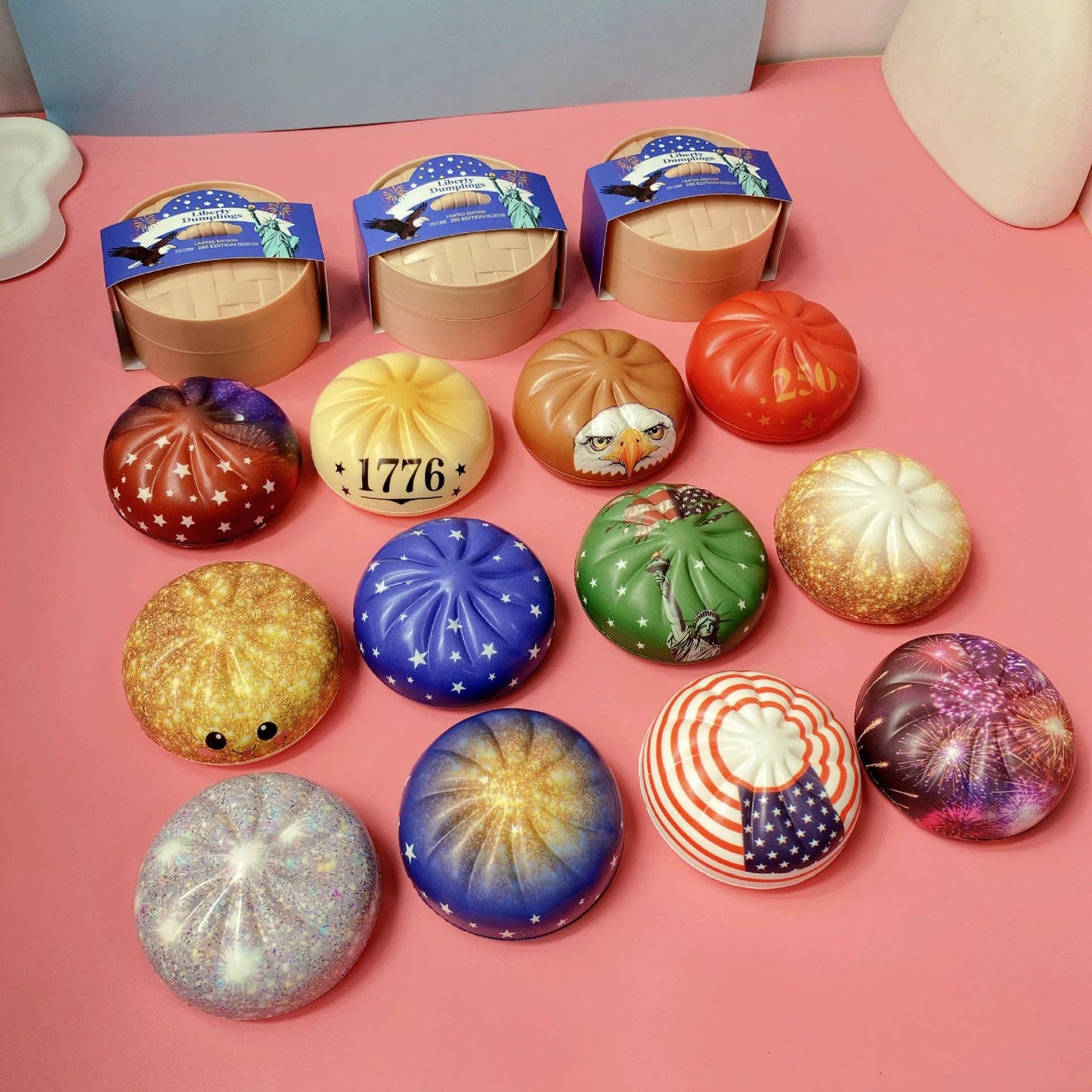 4th of July Mystery Squishy Dumpling Realistic Steamed Bun Stress Relief Squeeze Toy: PU Bun (Version A) – Grid Display Box / 1 box(12pcs)